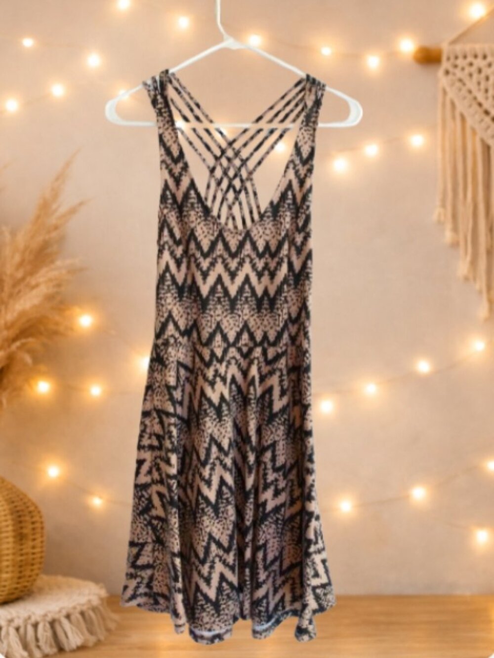Lush Beige Black Zigzag Geometric Strappy Summer Dress M Boho Festival Indie